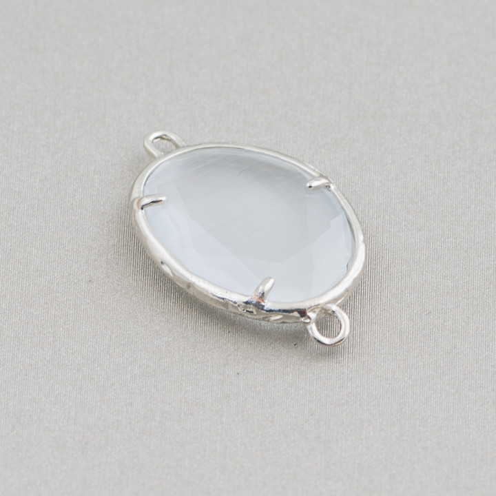 Connecteur Composant Laiton Oeil de Chat Incrusté Irrégulier 15x20mm 2 Anneaux 10pcs Plaqué Rhodium Blanc