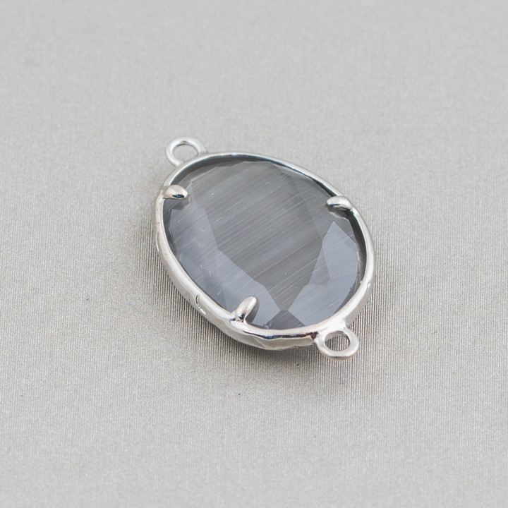 Connecteur Laiton Composant Oeil de Chat Incrusté Irrégulier 15x20mm 2 Anneaux 10pcs Gris Rhodium