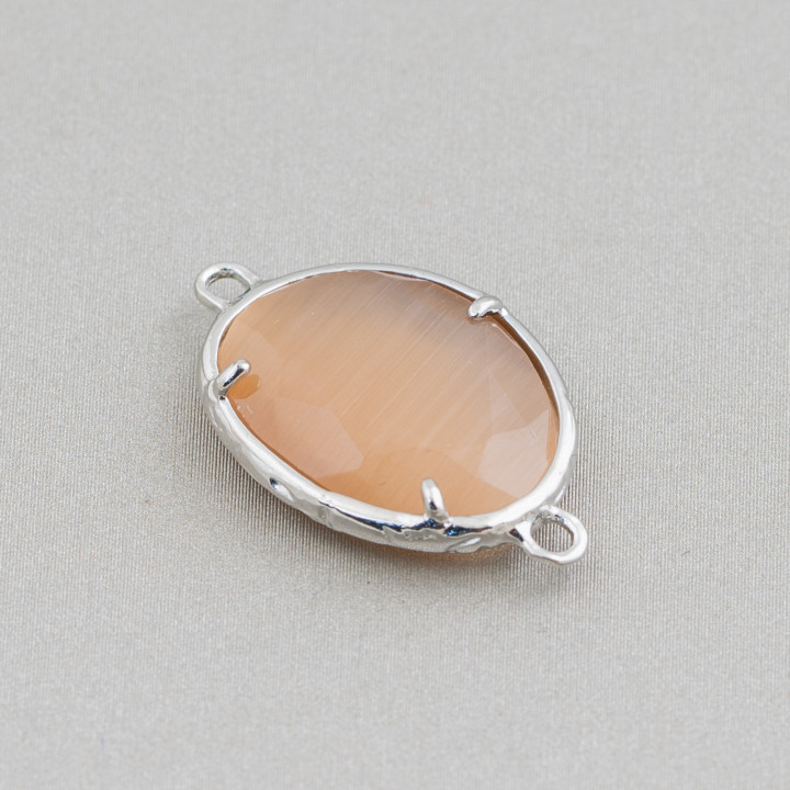 Brass Component Connector with Cat's Eye Embedded Irregular 15x20mm 2 Rings 10pcs Rhodium Plated Light Brown