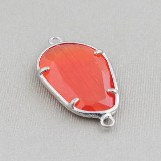 Brass Component Connector With Cat's Eye Embedded Irregular 17x24mm 10pcs Rhodium Plated Intense Orange