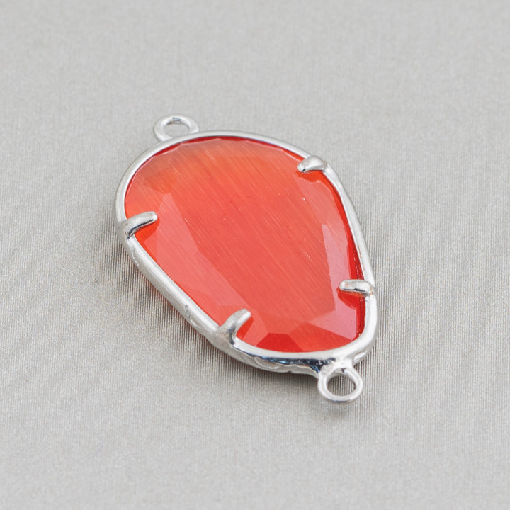 Unregelmäßiger eingebetteter Cat Eye-Messing-Komponentenverbinder 17 x 24 mm, 10 Stück, intensives Orange, Rhodium