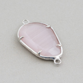 Brass Component Connector With Irregular Embedded Cat's Eye 17x24mm 10pcs Rhodium-plated Powder