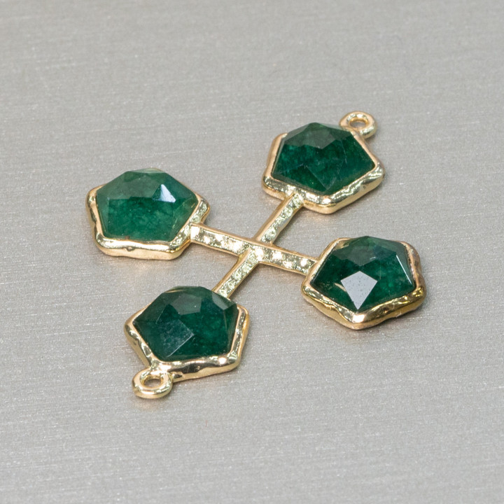 Verbindungsstück aus Messing mit Kreuzbesetzten Steinen mit 2 Ringen 32 x 40 mm, 1 Stück, grüne Jade