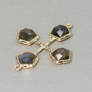 Conector de componente de latón con piedras cruzadas con 2 anillos 32x40mm 1pc labradorita