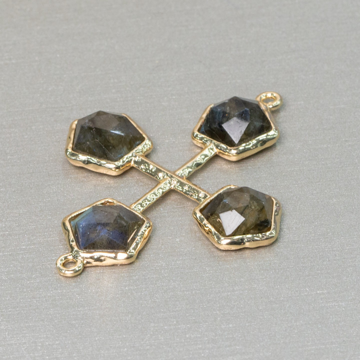 Conector de componente de latón con piedras cruzadas con 2 anillos 32x40mm 1pc labradorita