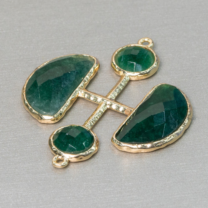 Conector de componente de latón con piedras en cruz con 2 anillos 36x43 mm 1 pieza verde jade