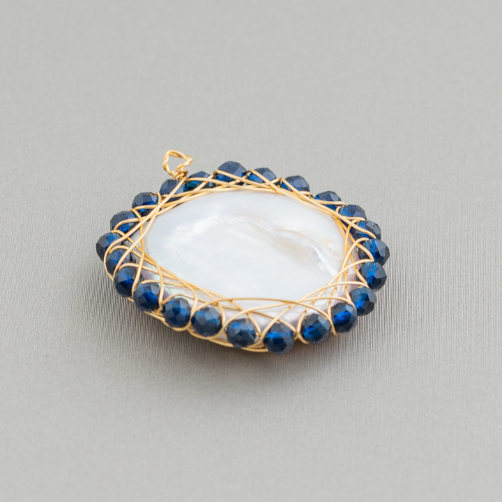 Connector Component of Freshwater Pearls with Braided Diamond Cut Stones 26mm 1pc Blue