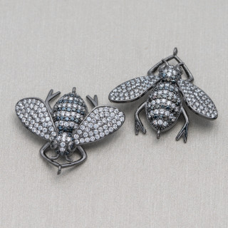 Conectores De Bronce Con Circonitas Abejas Incrustadas Con 2 Anillos 30x28mm 4pcs Blanco + Negro Bruñido