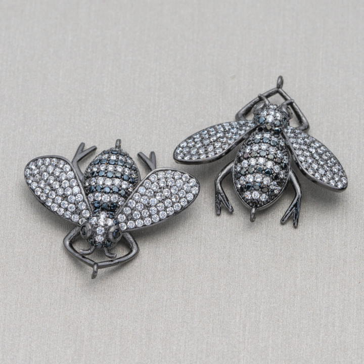 Conectores De Bronce Con Circonitas Abejas Incrustadas Con 2 Anillos 30x28mm 4pcs Blanco + Negro Bruñido