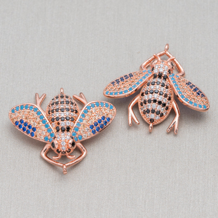 Bronze Connectors With Zircons Set Bees With 2 Rings 30x28mm 4pcs Multicolor Rose Gold
