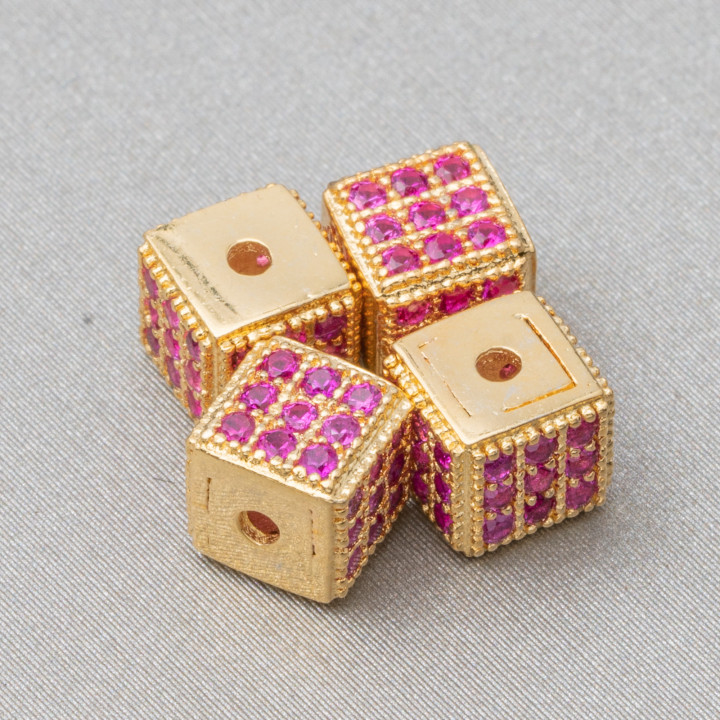 925 Silver Spacer Cube 5.5mm Small Hole Golden With Ruby Zircons 8pcs