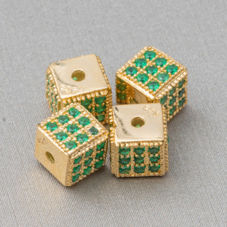 925 Silver Spacer Cube 5.5mm Small Hole Golden With Emerald Zircons 8pcs