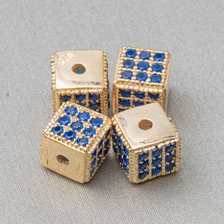 Cubo de plata de ley 925, espaciador dorado con orificio pequeño de 5,5 mm y zafiro de circonita, 8 piezas