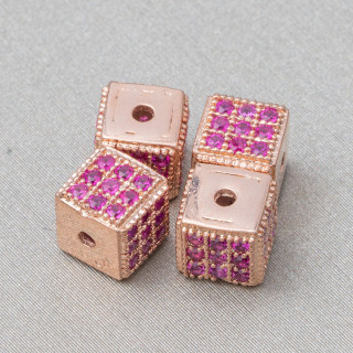 Distanziatore Di Argento 925 Cubo 5,5mm Foro Piccolo Oro Rosa Con Zirconi Ruby 8pz