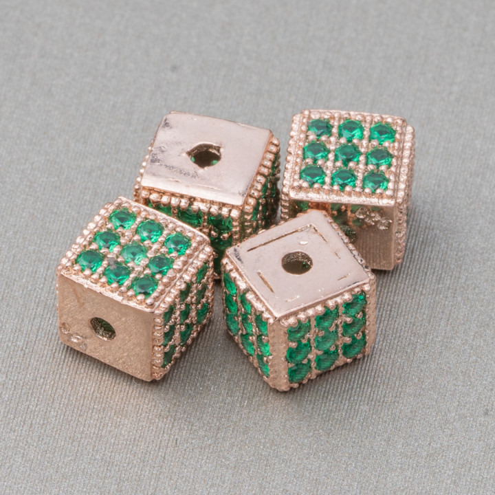 925 Silver Spacer Cube 5.5mm Small Hole Rose Gold With Emerald Zircons 8pcs