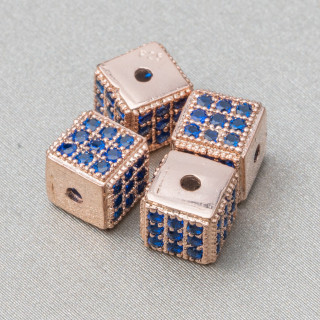 925 Silver Spacer Cube 5,5mm Small Hole Rose Gold with Sapphire Zircons 8 τμχ