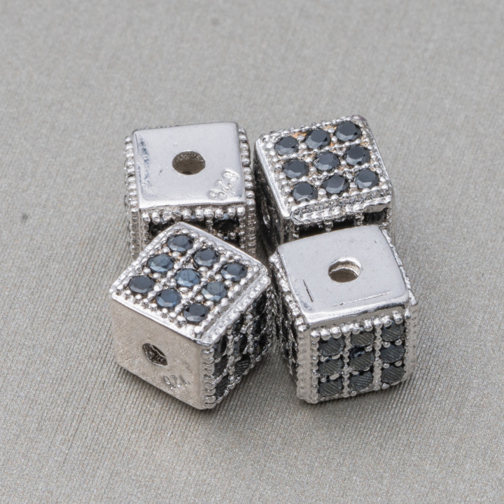 925 Silver Spacer Cube 5.5mm Small Hole Rhodium Plated With Black Zircons 8pcs