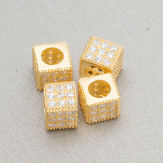 Distanziatore Di Argento 925 Cubo 6mm Foro Largo da 3,8mm Dorato Con Zirconi Bianchi 10pz