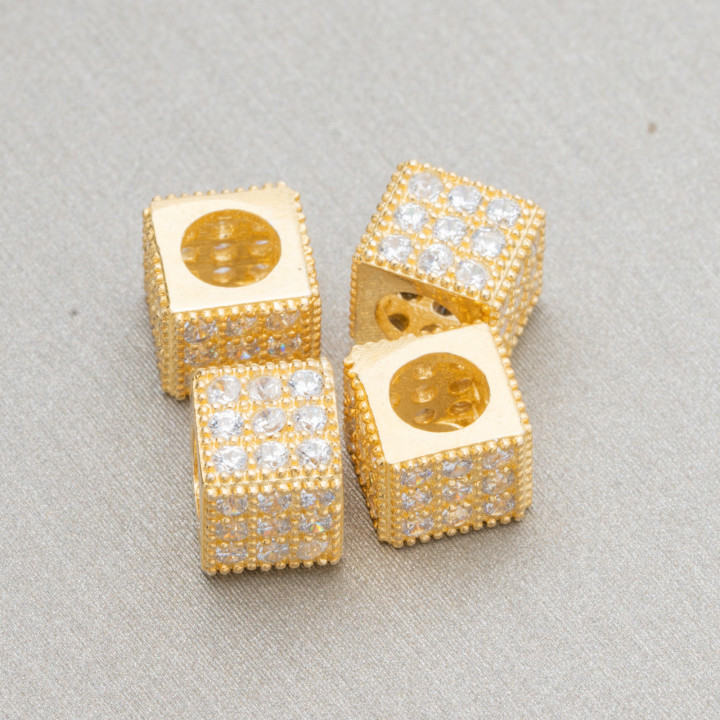 925 Sterling Silber Abstandshalter 6mm Breites Loch 3,8mm Würfel Golden Mit Weißen Zirkonen 10St