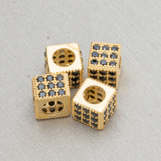 Espaciador de plata de ley 925, 6 mm de ancho, cubo de 3,8 mm, dorado con circonitas negras, 10 unidades.