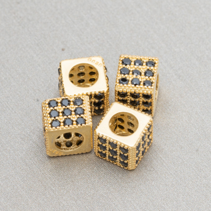 Espaciador de plata de ley 925, 6 mm de ancho, cubo de 3,8 mm, dorado con circonitas negras, 10 unidades.