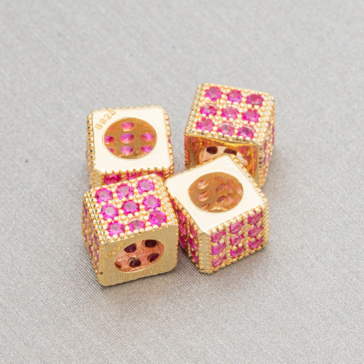 925 Silver Spacer Cube 6mm Ευρεία τρύπα 3,8mm Χρυσό με Ρουμπινί Ζιργκόν 10τμχ