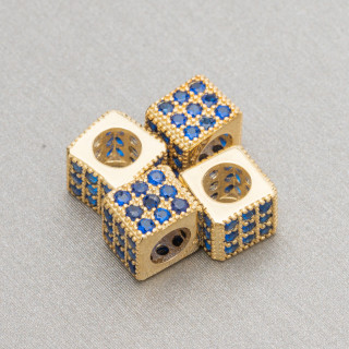 925 Silver Spacer Cube 6mm Wide Hole 3.8mm Golden with Sapphire Zircons 10pcs