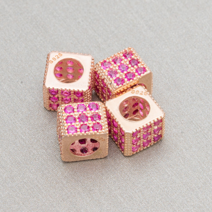 925 Silver Spacer Cube 6mm Wide Hole 3.8mm Rose Gold with Ruby Zircons 10pcs