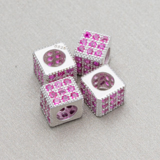 925 Silver Spacer Cube 6mm Wide Hole 3.8mm Rhodium Plated with Ruby Zircons 10pcs
