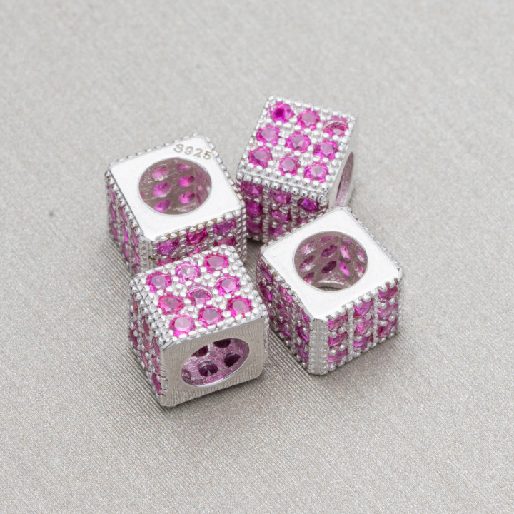 925 Sterling Silber Abstandswürfel 6 mm breites Loch 3,8 mm rhodiniert mit Rubinzirkonen 10 Stk