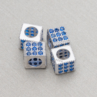 Cubo espaciador de plata de ley 925, 6 mm de ancho, agujero de 3,8 mm, rodio con circonita, zafiro, 10 unidades.