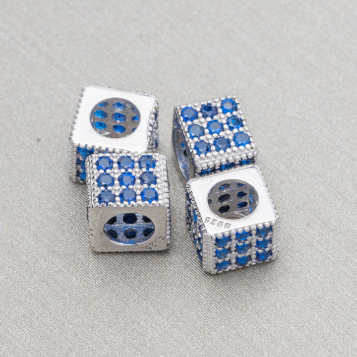 Distanziatore Di Argento 925 Cubo 6mm Foro Largo da 3,8mm Rodiato Con Zirconi Zaffiro 10pz