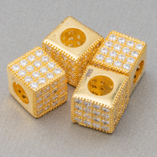 925 Sterling Silver Spacer 7mm Large Trou 3.8mm Cube Doré Avec Zircons Blancs 5pcs