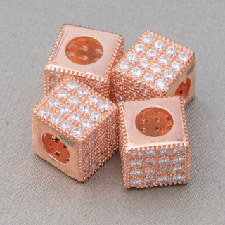 925 Silver Spacer Cube 7mm Wide Hole 3.8mm Rose Gold with White Zircons 5pcs