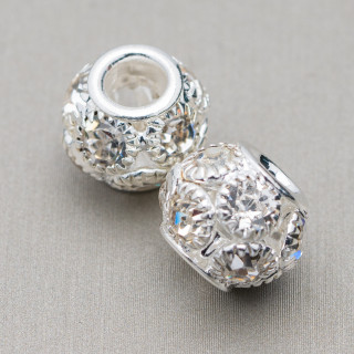 Boules Entretoises Laiton Et Strass 12mm Large Trou 34pz Argent Blanc