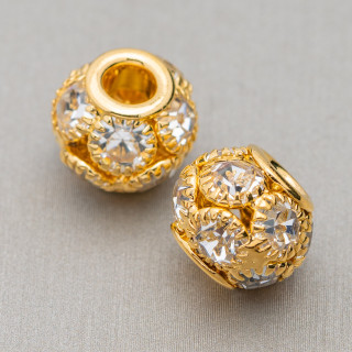 Spacer Brass Balls and Rhinestones 12mm Large Hole 34pcs White Golden