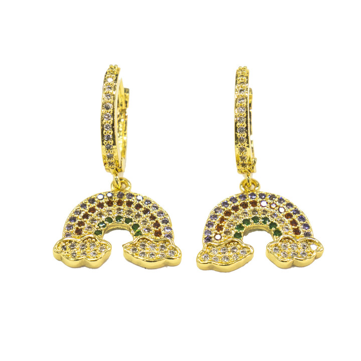 Boucles d'Oreilles Cercle Fermé Bronze Avec Zircons Arc-en-Ciel Pavé Multicolore 16x30mm