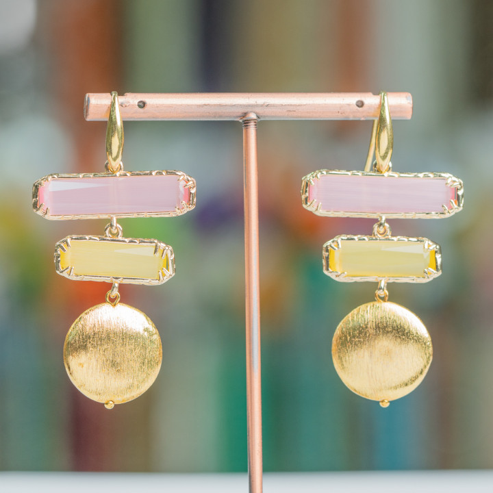 925 Silver Hook Earrings With Bronze Pendants And Cat's Eye 30x57mm Pink Mix