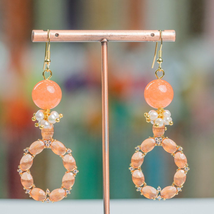 925 Silver Hook Earrings With Stones And Pearls With Cat's Eye Pendant 24x70mm Orange