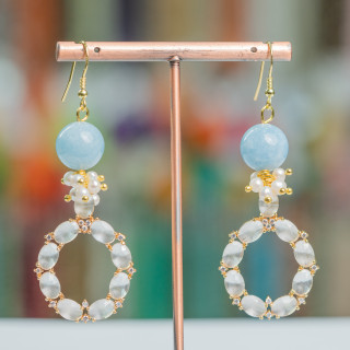 Pendientes Gancho De Plata De Ley 925 Con Piedras Y Perlas Con Colgante Ojo De Gato 24x70mm Azul Claro