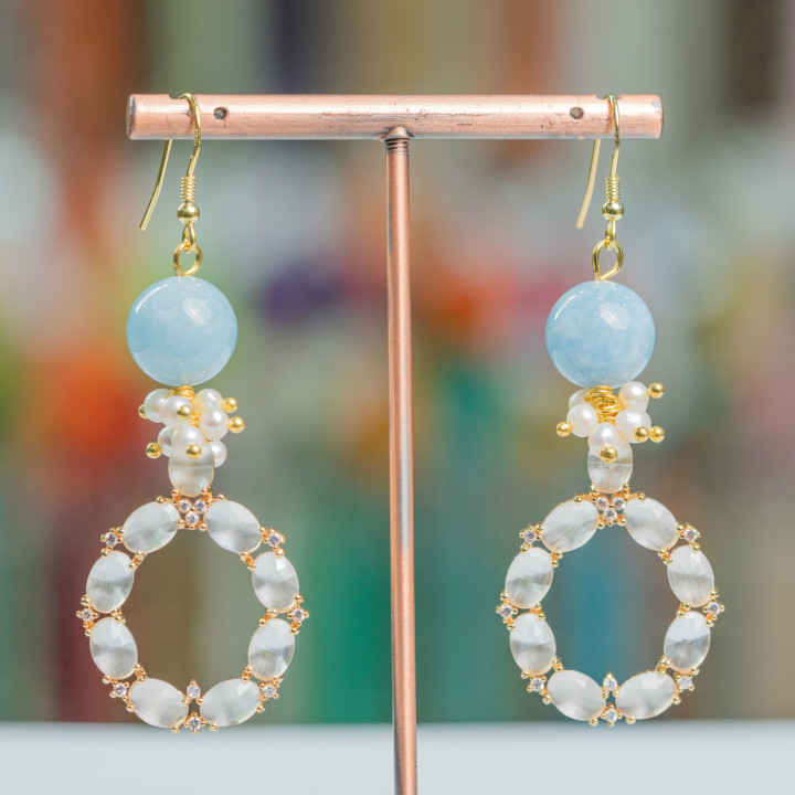 925 Sterling Silber Hakenohrringe mit Steinen und Perlen mit Anhänger im Katzenauge 24x70mm Hellblau