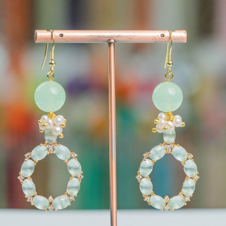 Pendientes Gancho De Plata De Ley 925 Con Piedras Y Perlas Con Colgante Ojo De Gato 24x70mm Verde Agua