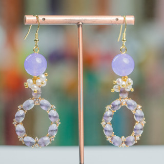 Boucles D'oreilles Crochet En Argent Massif 925 Avec Pierres Et Perles Avec Pendentif En Oeil De Chat Violet 24x70mm