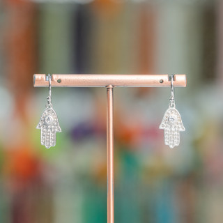 Pendientes Gancho Mano De Fátima De Plata De Ley 925 Con Circonitas 10x28mm