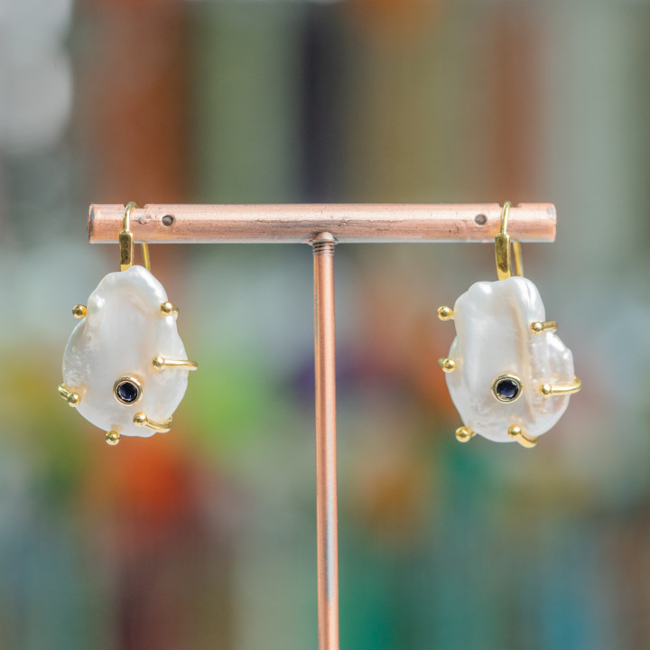 925 Silver Branches Earrings With River Pearls And Light Point 20x33mm Golden Midnight Blue