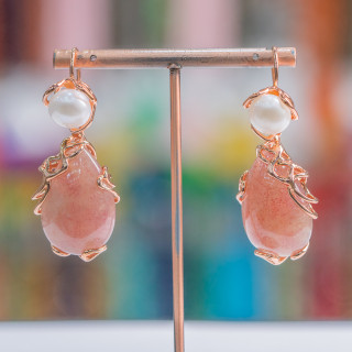 Boucles D'oreilles Crochet En Bronze Avec Perles De Rivière Et Pendentif Cabochon 24x52mm Or Rose Fraise Quartz