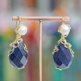 Boucles D'oreilles Crochet Bronze Perles De Rivière Et Pendentif Cabochon Facetté 22x48 mm Pierre De Sable Bleu