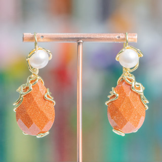 Boucles D'oreilles Crochet En Bronze Avec Perles De Rivière Et Pendentif Cabochon Facetté En Pierre De Sable 22x48mm