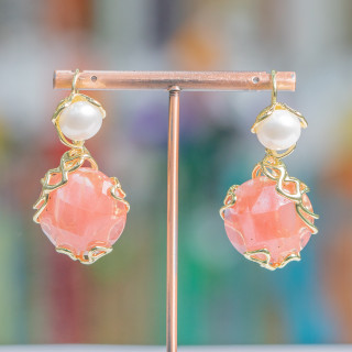 Boucles D'oreilles Crochet En Bronze Avec Perles De Rivière Et Pendentif Cabochon Facetté 24x45mm Quartz Cerise