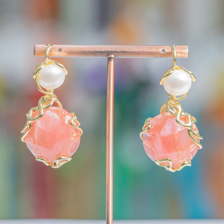 Boucles D'oreilles Crochet En Bronze Avec Perles De Rivière Et Pendentif Cabochon Facetté 24x45mm Quartz Cerise